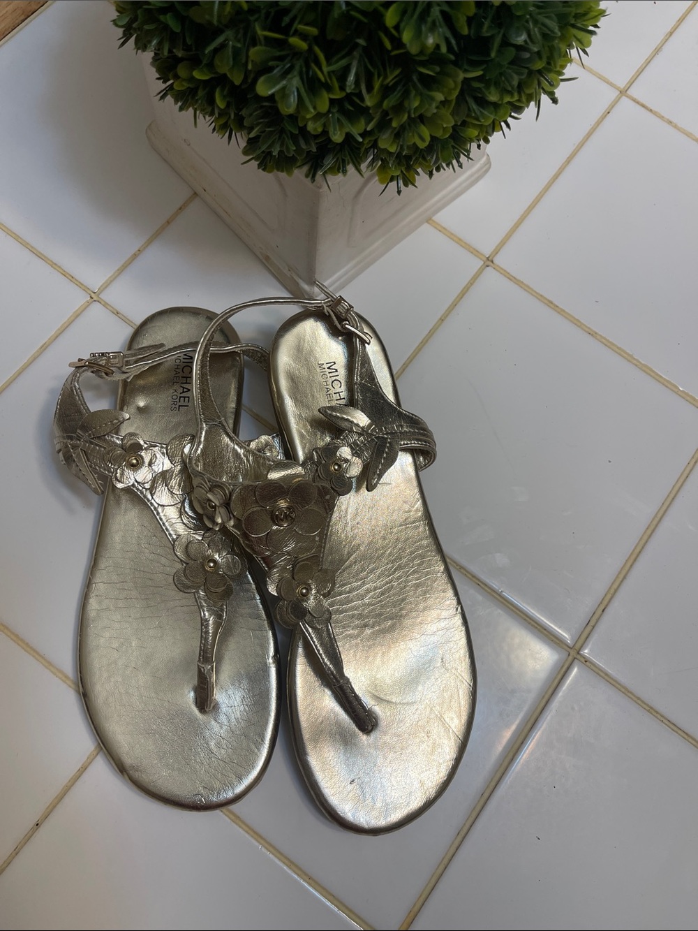 Michael Kors Metallic Gold Floral Thong Sandals